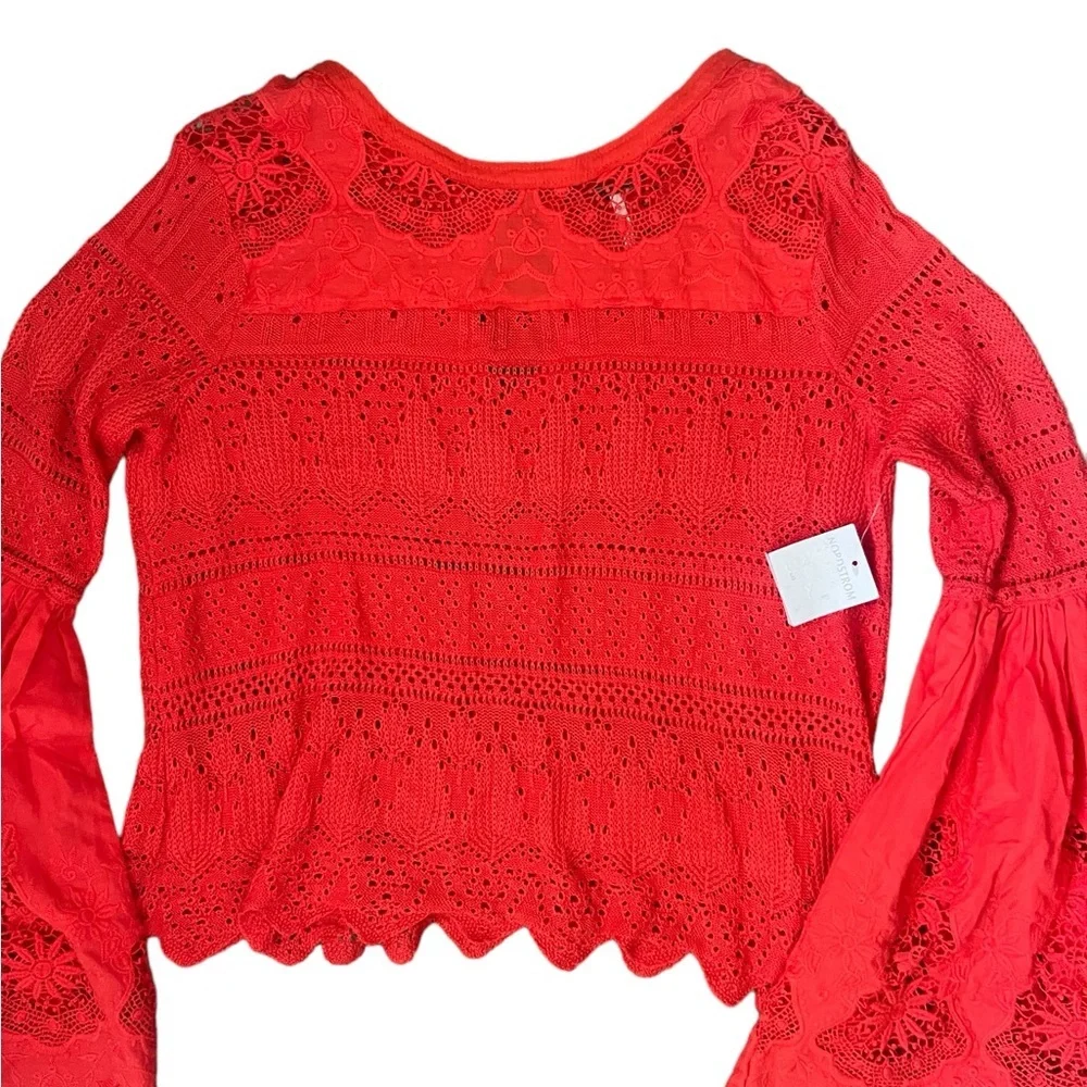 Free People Once Upon A Time Lace Crochet Bell Sleeve Red Blouse Sz XS
